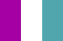 Tri colour split into 3 vertical rectangles of equal size colours are from left to right: purple, white, light cyan.