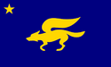 The Vulpian flag features a blue background with the nation's emblem, a running fox, in yellow. There is a yellow star in the upper left.