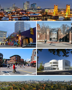 Clockwise from top: Downtown skyline, entrance to Hamden College, Carville Art Museum, view of Portmouth skyline from Bunker Hill, Roman Street District, and Hampton District   