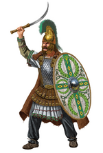 Depiction of a Tervingian Warrior c. 112 CE. The Crown Sigil on the shield indicates this warrior is one of the Royal Gagrarjis.