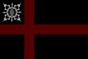 A black field, charged with a dark crimson Nordic Cross; the upper hoist quarter with which is furnished the Iron Badge of Mordegard in pale white.