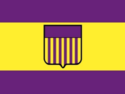           A German/Russian type flag with Purple on the top, yellow in the middle, and purple on the bottom, the Coat of Arms is at the center of the flag.