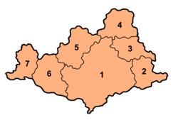 Settlements with the South Vestelia metropolitan area: 1: Kalstad 2: Gardenset 3: Bragernes 4: Rutskirke 5: Heum 6: Polmak–Valanhamn 7: Selvik
