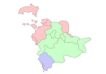 The Lands of the Crown of Saint Laurentius (green) within the Dulebian Empire, the other parts being the Dependencies of the Crown of Saint Laurentius (pink) and the Condominium of Pomoria (blue)